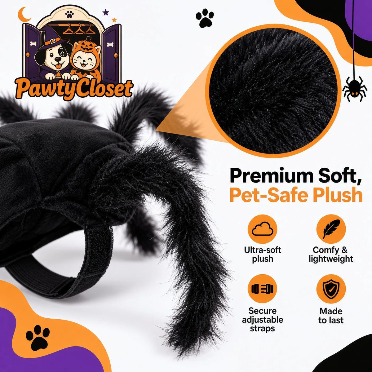 PawtyCrawler™ Pet Spider Costume | Soft Plush, Adjustable Fit