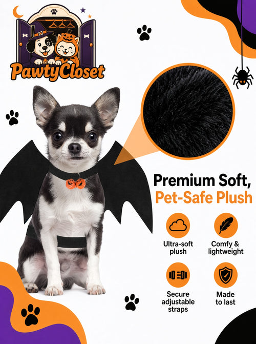 PawtyWings™ Halloween Pet Bat Wings | Soft Plush, Adjustable Size